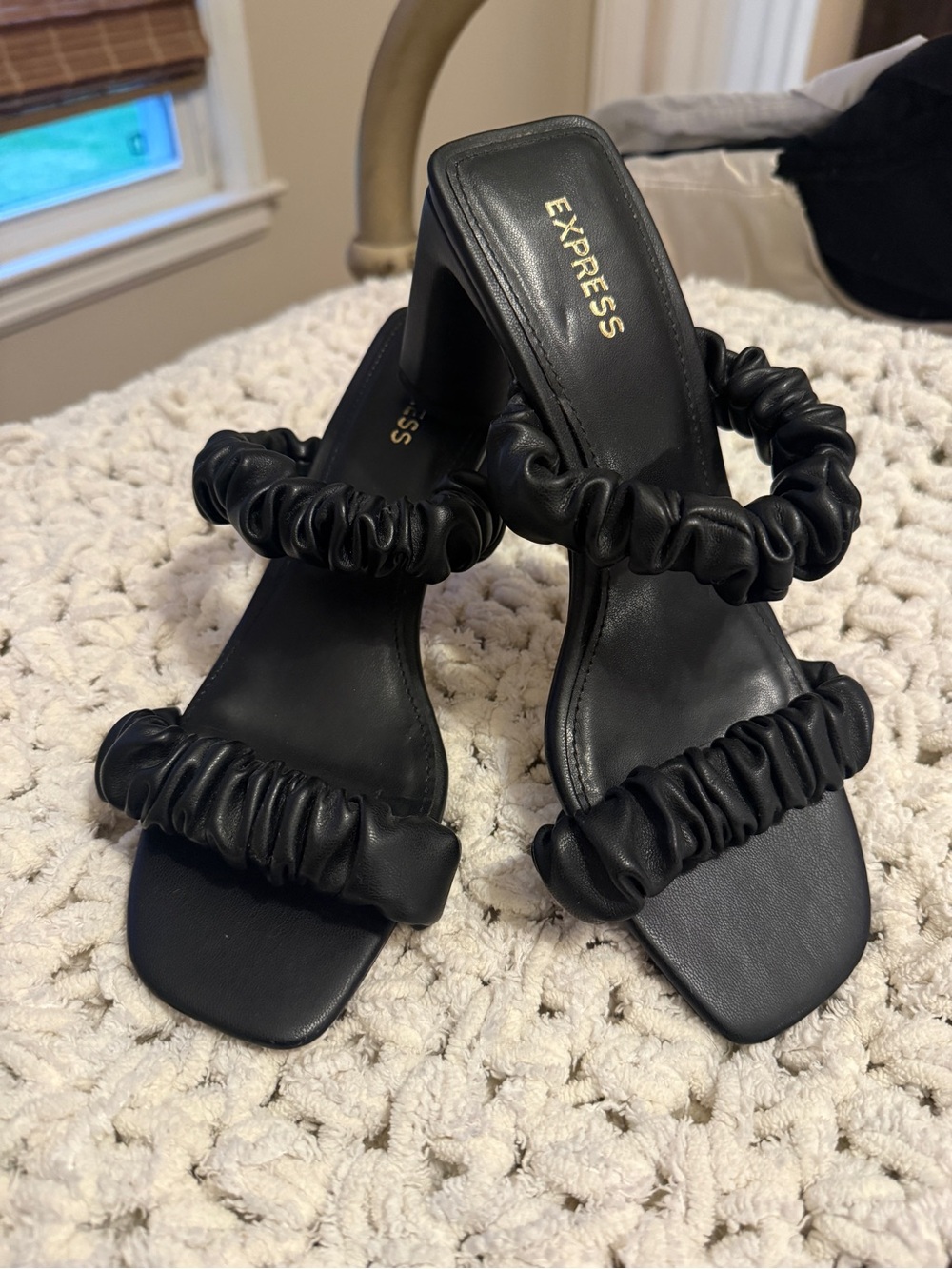 Express Black Ruched Strap Block Heel Mules